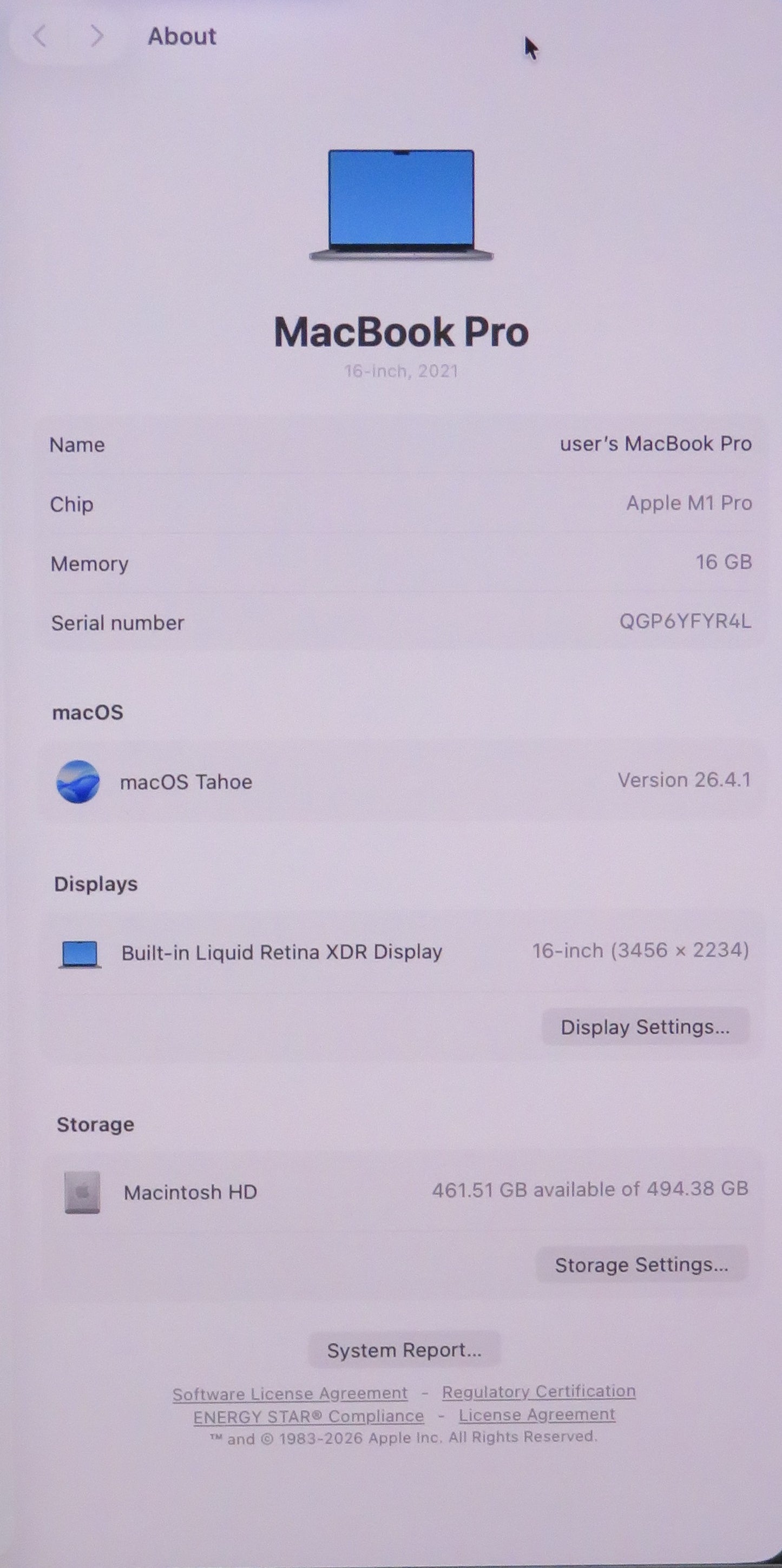 Apple Macbook Pro 2021 16in Retina XDR M1 Pro 16GB RAM 512GB macOS A2485