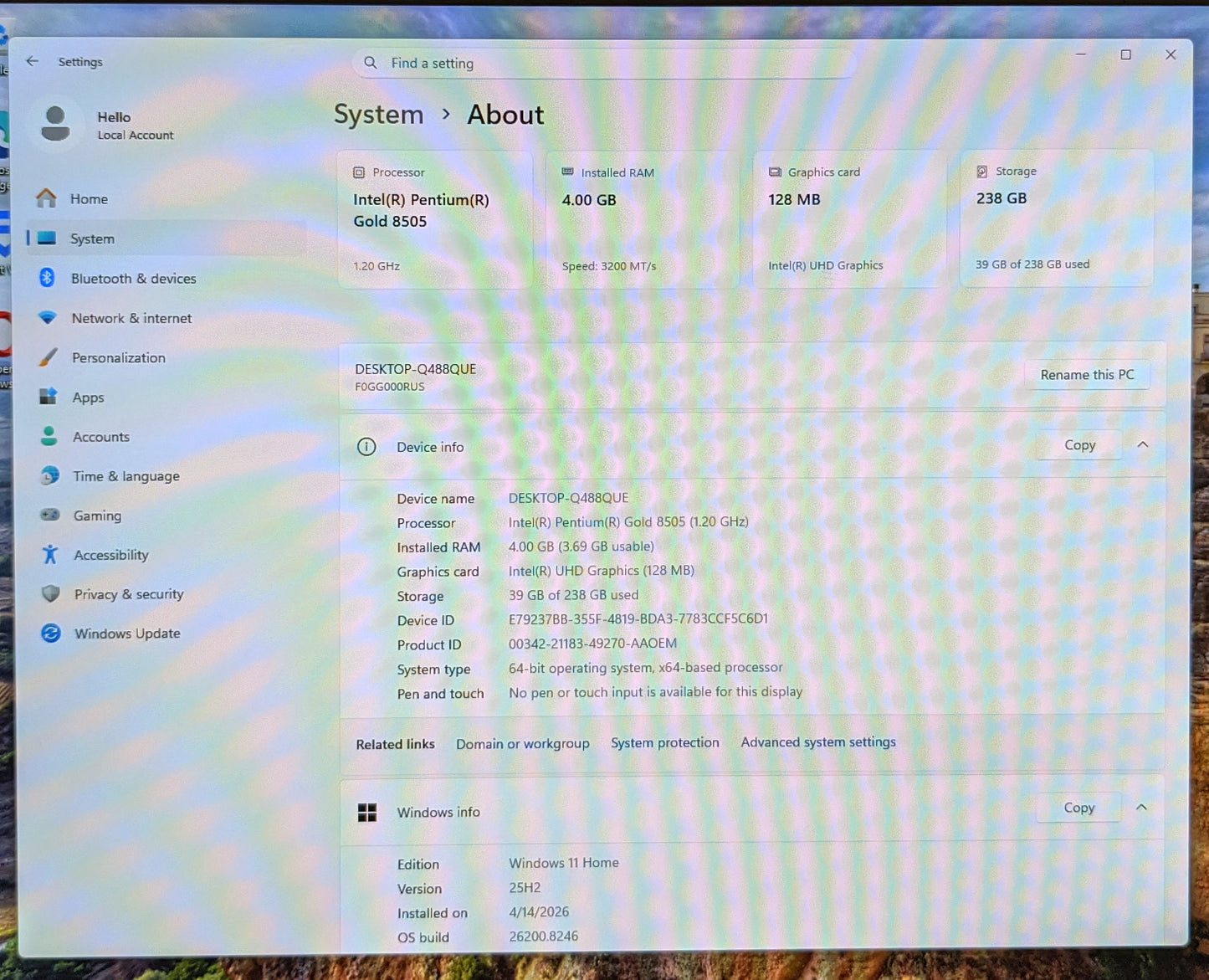 LENOVO IDEACENTRE AIO 3 22IAP7 PG-8505, 4GB MEMORY, 256 SSD