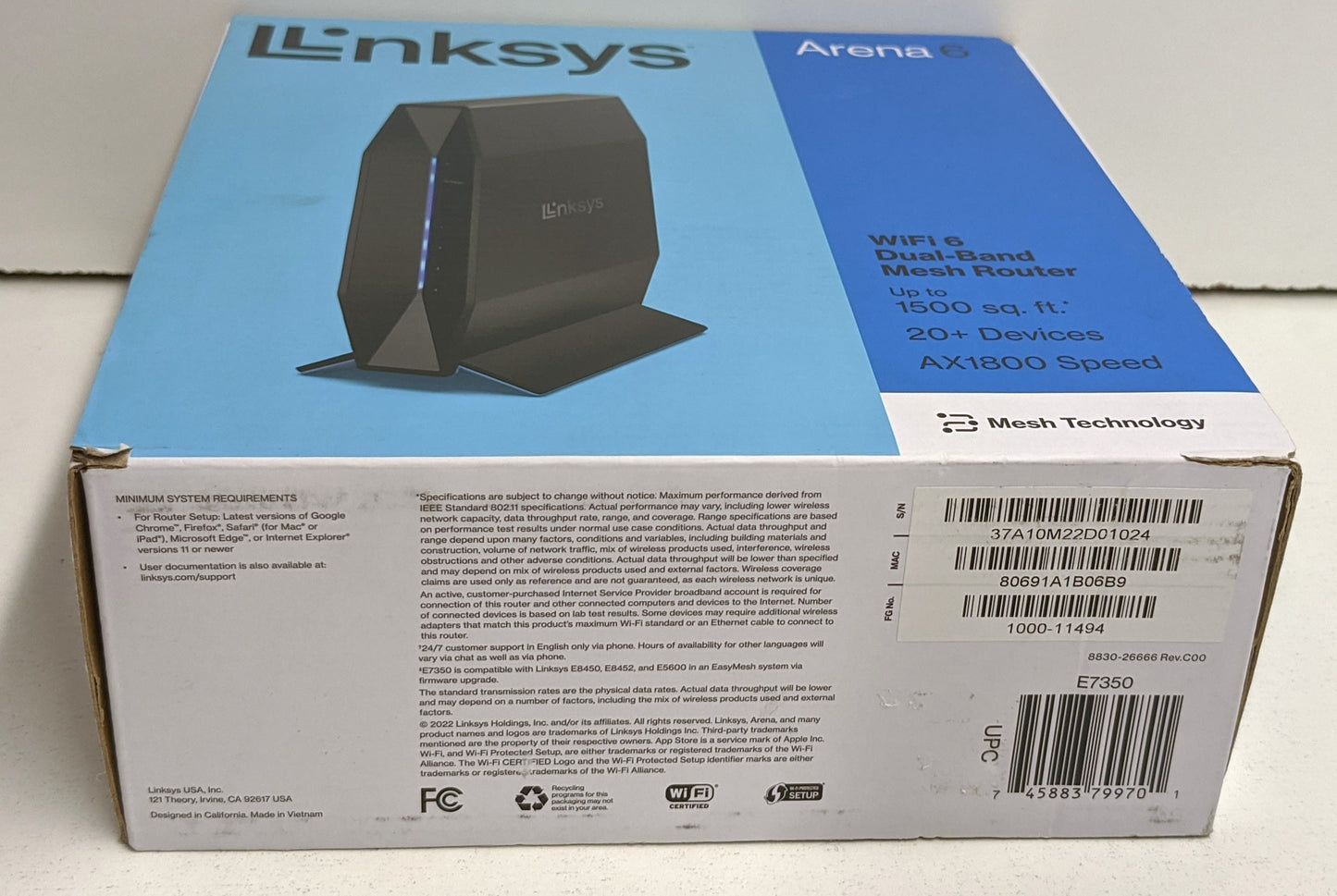 LINKSYS ARENA 6 E3750 AX1800 SPEED 1500 SQ. FT.