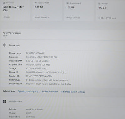 Lenovo IdeaPad Slim 5 16IRU9 16in Intel Core 7 150U 1.8GHz 8GB RAM 512GB WIN11