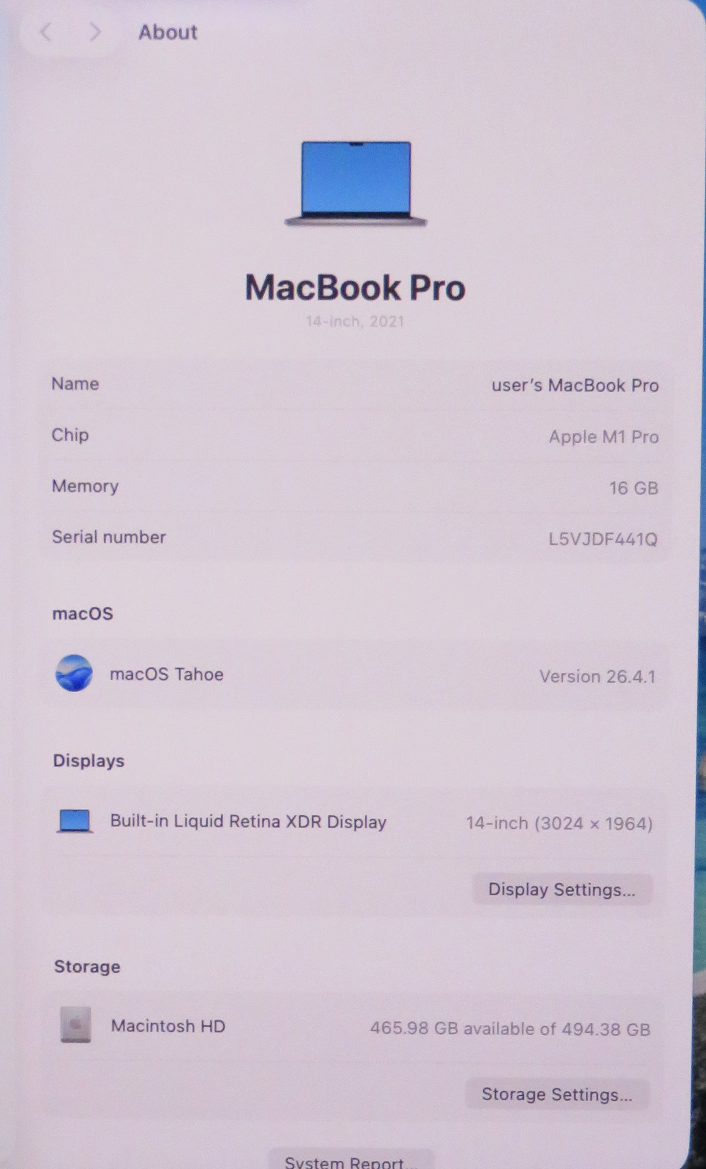 Apple Macbook Pro 2021 14in Retina XDR M1 Pro 16GB RAM 512GB SSD Tahoe A2442