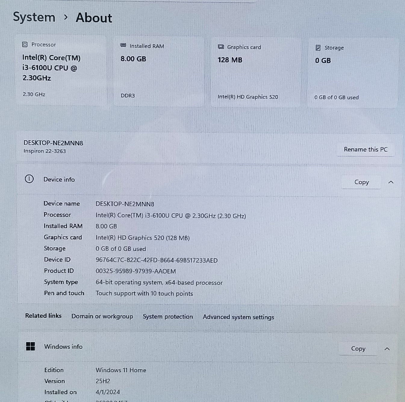 Dell  Inspiron 3263 21.5 In Touch Screen i3 6100U, 8GB, 1TB