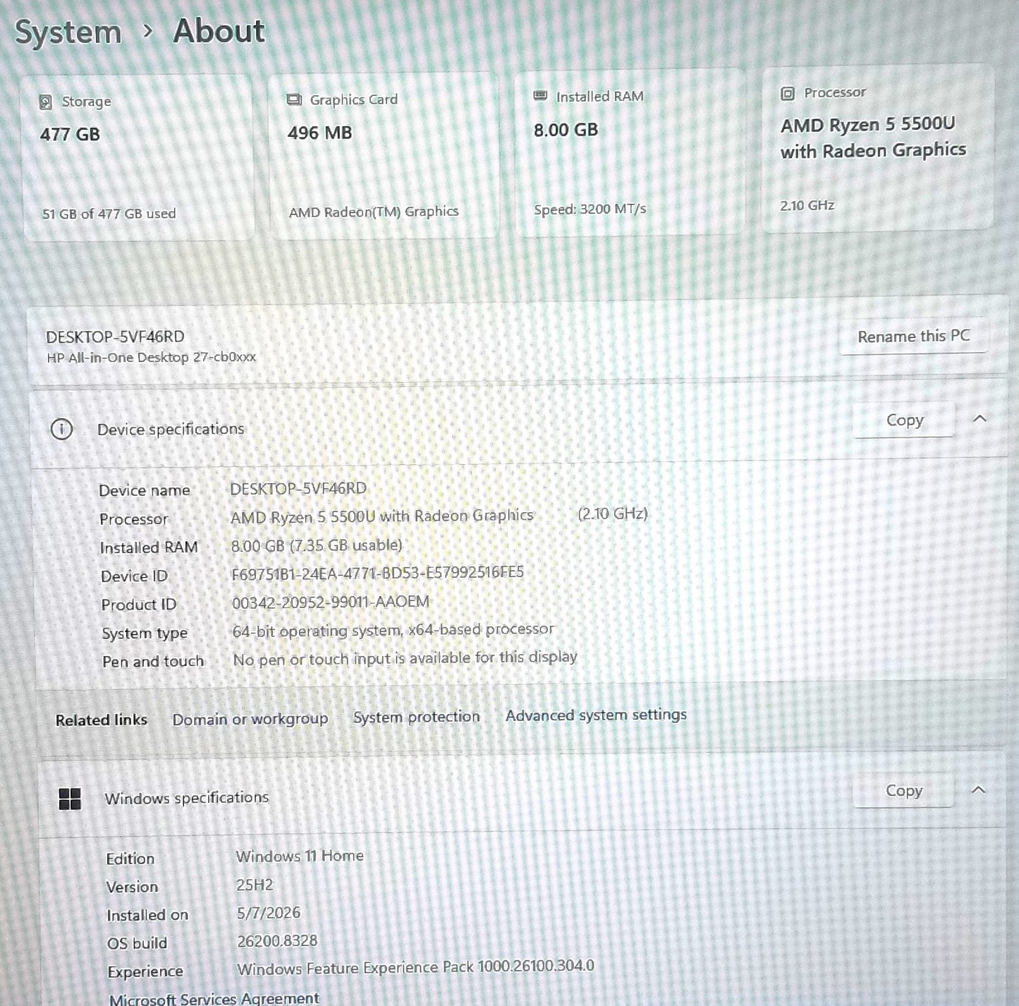 HP 27-cb0026 All-In-One Desktop, 27 In R5-5500U, 8GB, 512GB