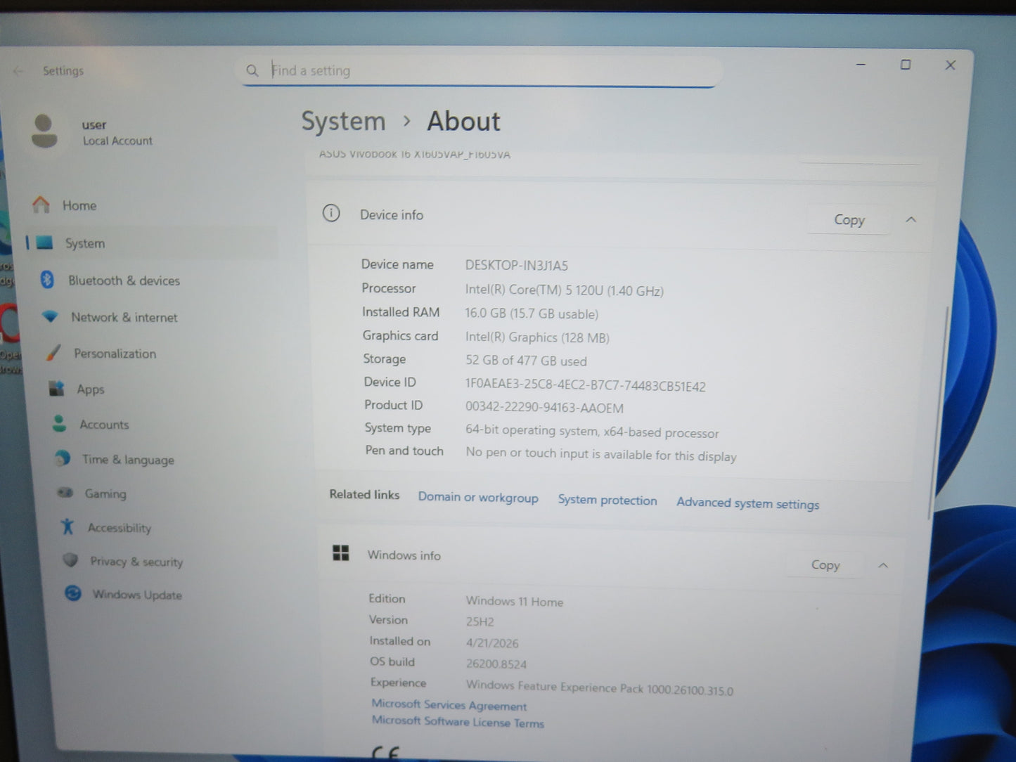 ASUS VIVOBOOK F1605V 16 IN CORE 5 120U, 16GB, 512GB