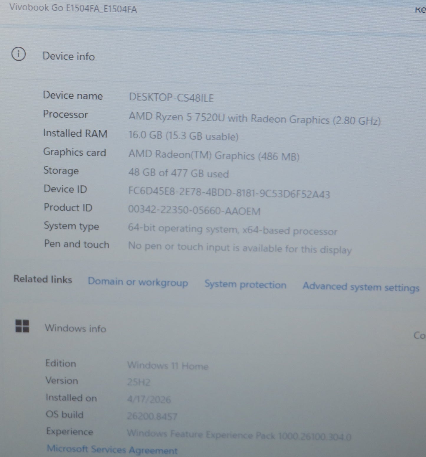 ASUS VivoBook GO 15 E1504F 15.6in Ryzen 5 7520U 2.8GHz 16GB RAM 512GB W11 Home