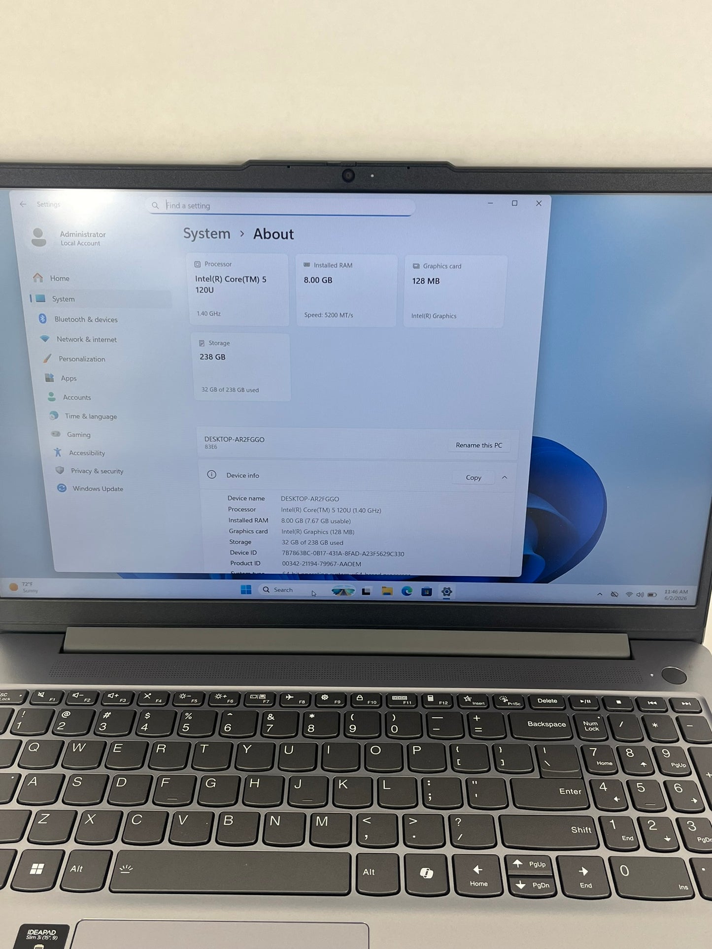 Ideapad Slim 3 15IRU9 15.6in FHD Intel Core 5 120U 1.4GHz 8GB RAM 256GB SSD