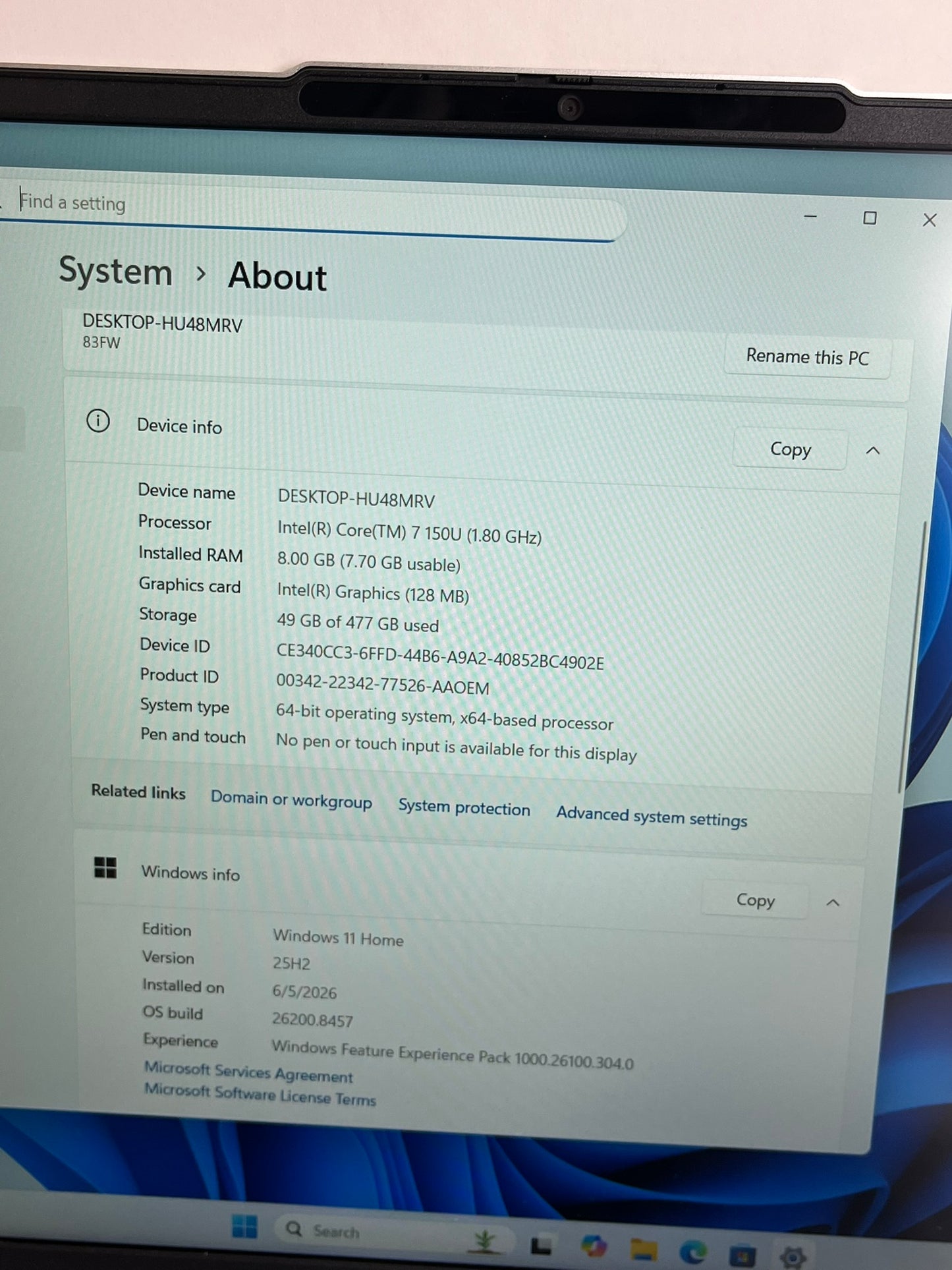 Lenovo IdeaPad Slim 5 16IRU9 16in Intel Core 7 150U 1.8GHz 8GB RAM 512GB WIN11