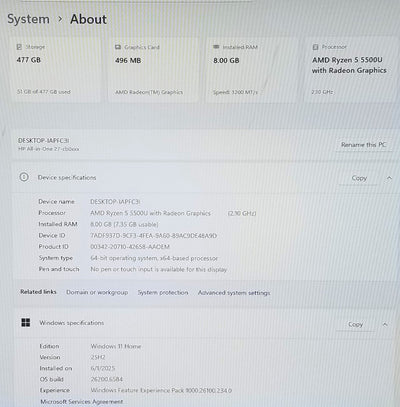 HP 27-cb0026 All-In-One Desktop, 27 In R5-5500U, 8GB, 512GB