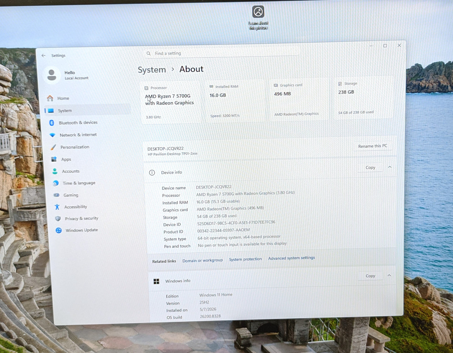 HP PAVILION DESKTOP TP01-2096 R7-5700G 16GB 256GB