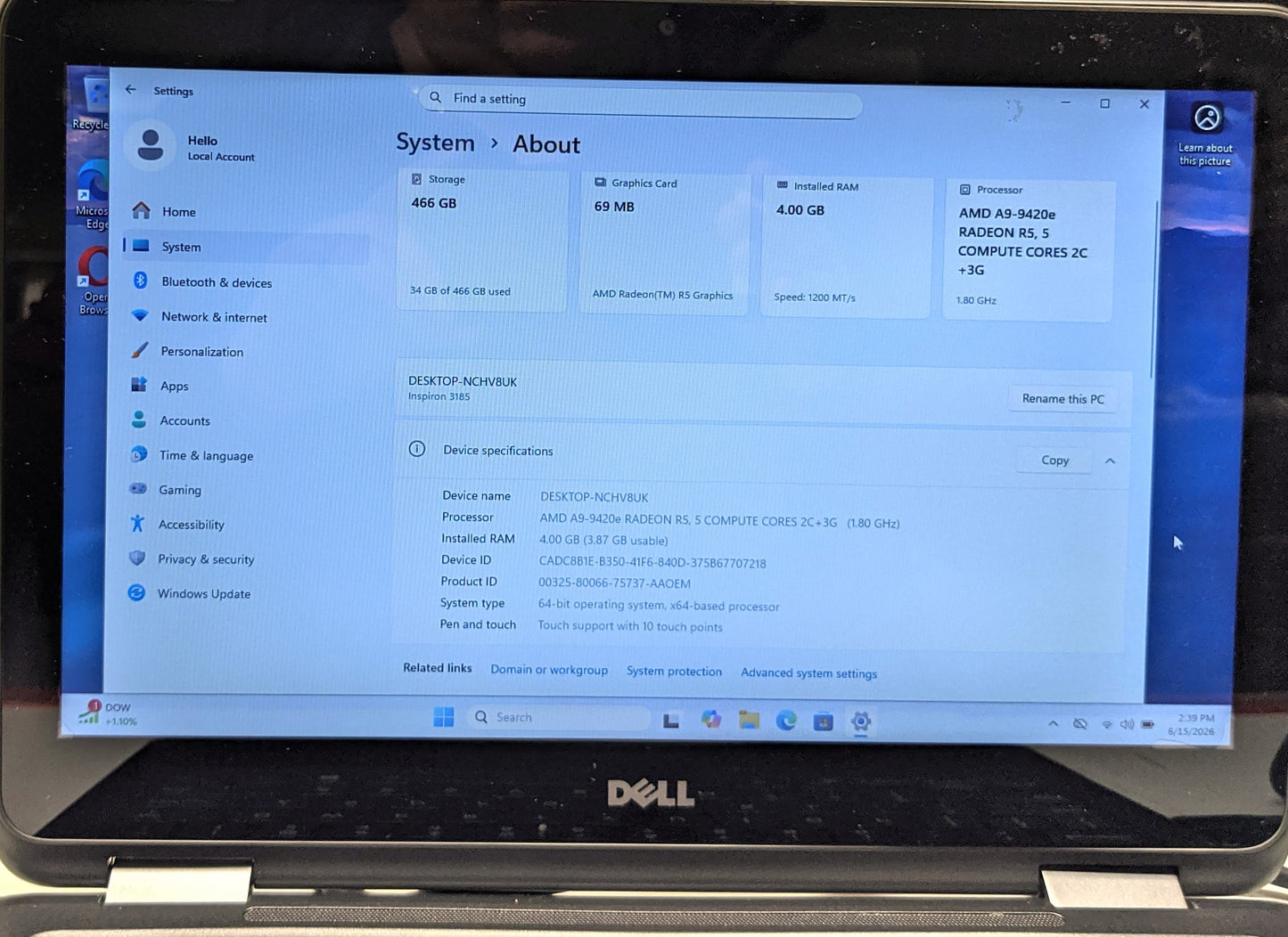 DELL INSPIRON 11 3185 2-1 LAPTOP AMD A-9420e 4GB 500GB