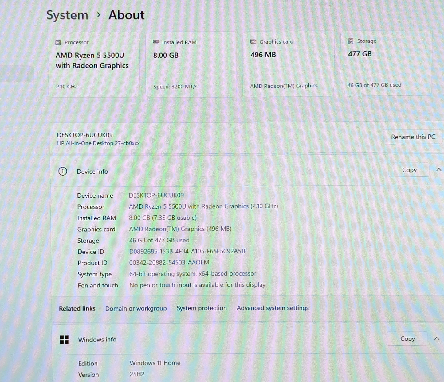 HP 27-CB0026 AIO 27in DESKTOP AMD R5-5500U 8GB 512GB