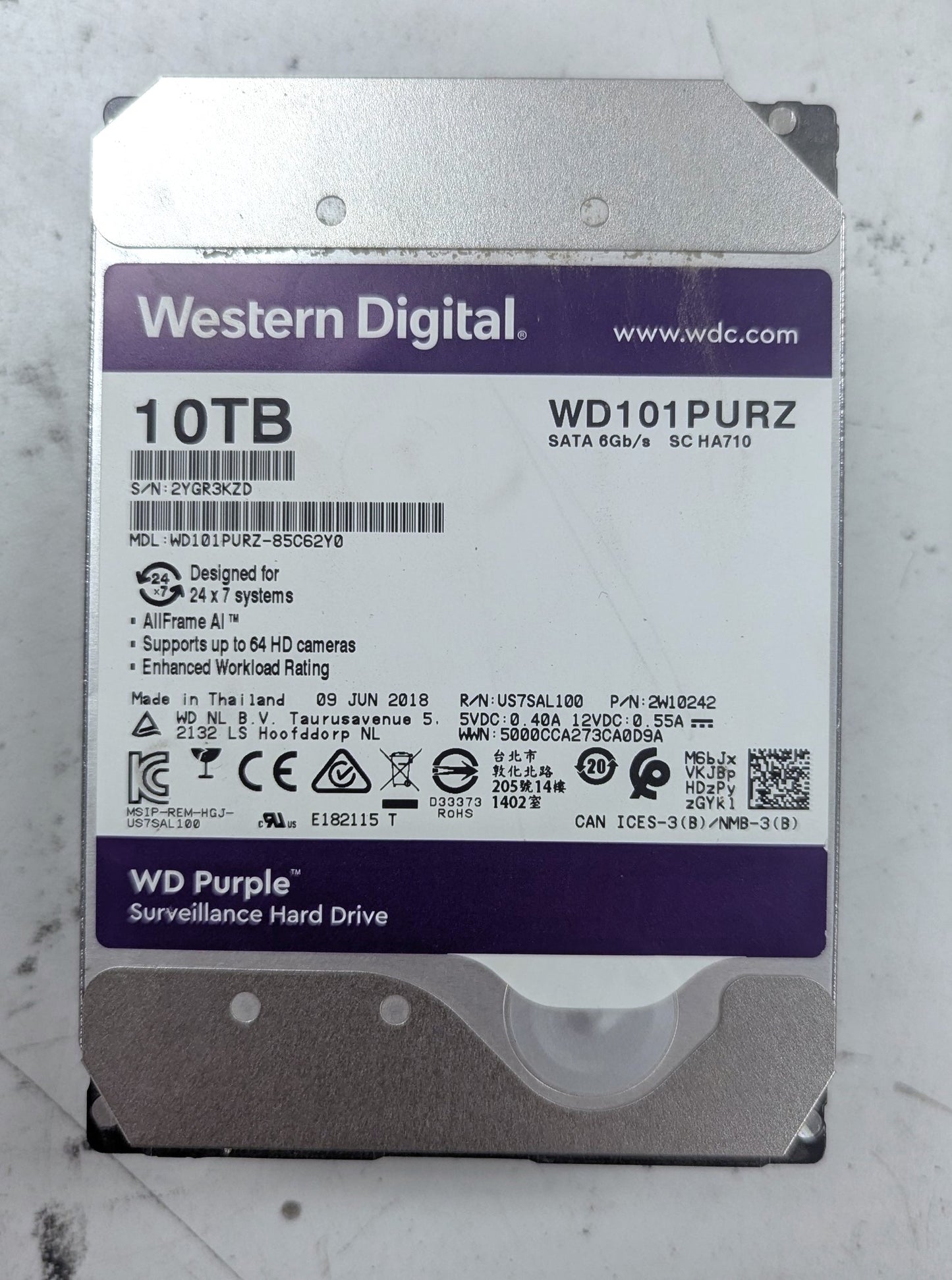 WESTERN DIGITAL PURPLE SURVEILLANCE 10 TB WD101PURZ SATA 6Gb/s
