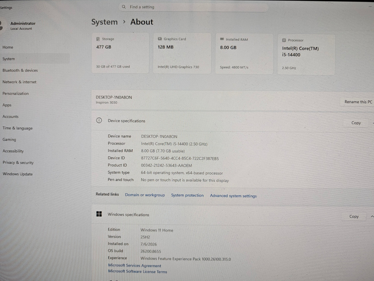 DELL Inspiron 3030 Desktop Intel i5-14400 2.5GHz 8GB RAM 512GB SSD W11H
