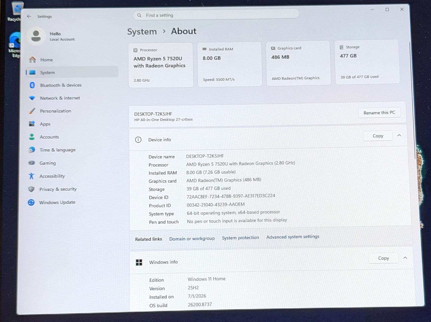 HP AIO PC 27-CR0016 27in AMD R5-7520U 8GB 512GB