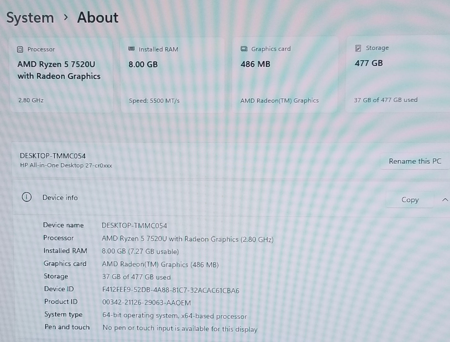 HP 27-CR0016 27 In R5-7520U, 8GB RAM, 512GB SSD