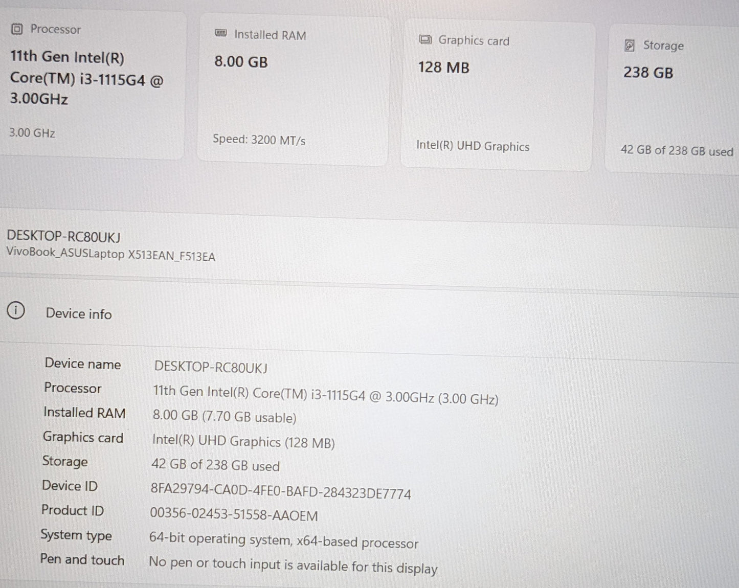 Asus Vivobook F513E I3-1115G4@3.0GHZ, 8GB, 256GB