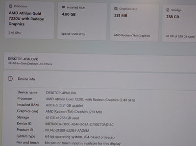 HP AIO 24-CR0046 DESKTOP AMD ATHLON GOLD 7220U 4GB 256GB