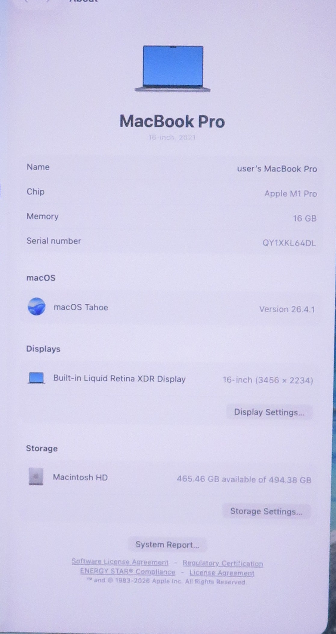 Apple Macbook Pro 2021 16in Retina XDR M1 Pro 16GB RAM 512GB macOS A2485