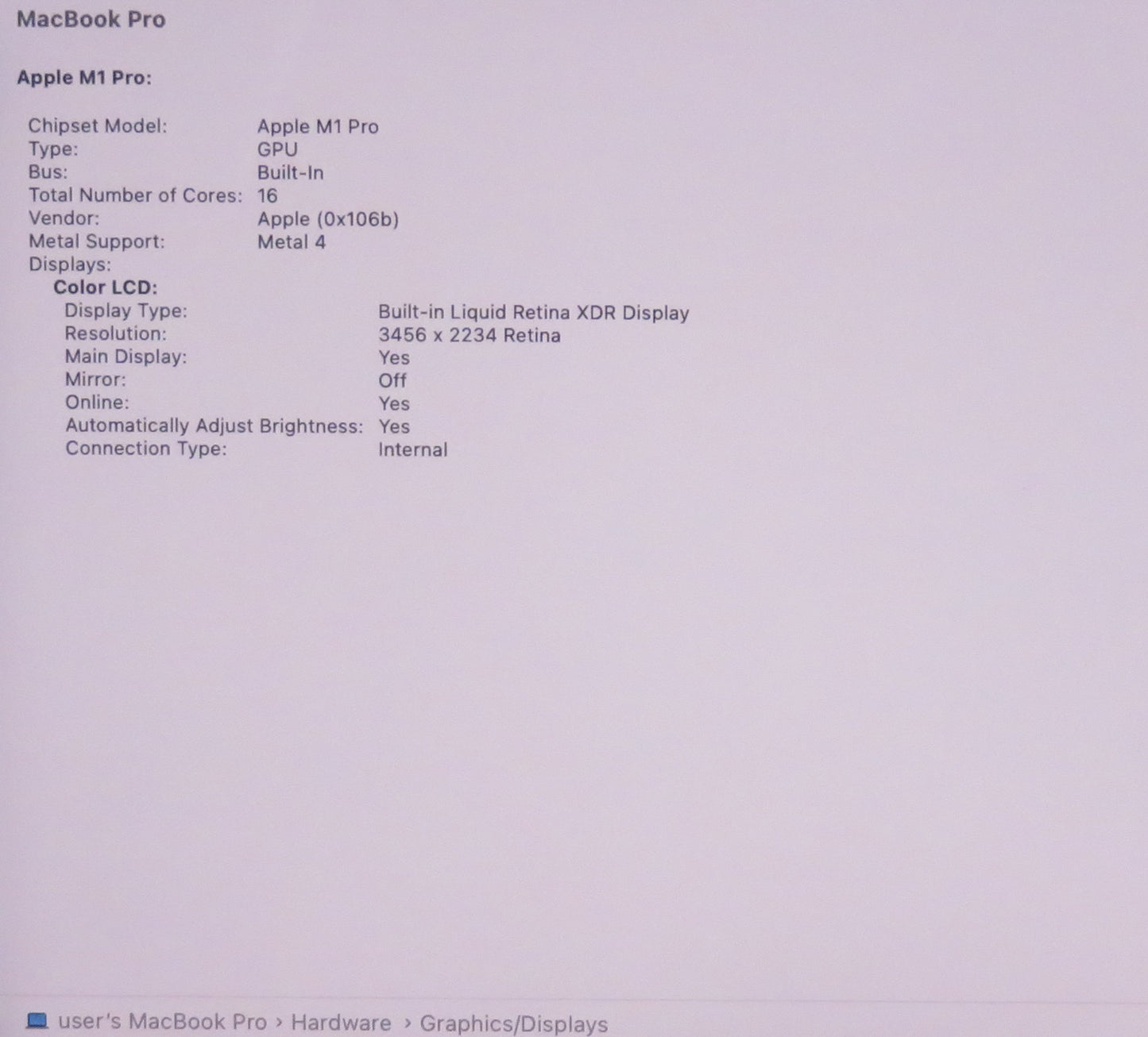 Apple Macbook Pro 2021 16in Retina XDR M1 Pro 16GB RAM 512GB macOS A2485