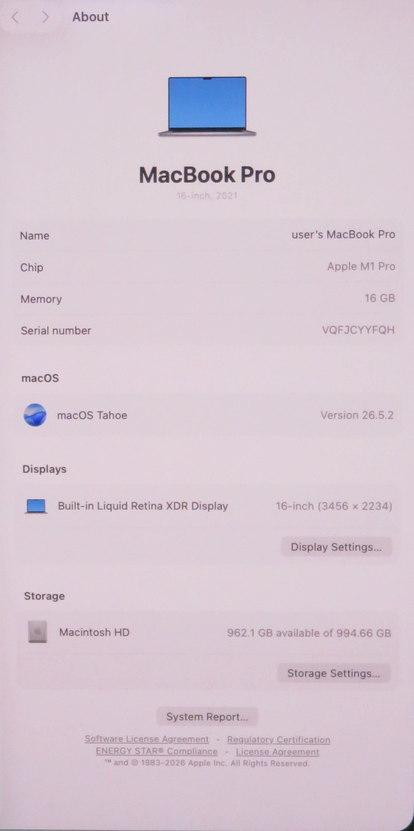 Apple Macbook Pro 2021 16in Retina XDR M1 Pro 16GB RAM 1TB macOS A2485