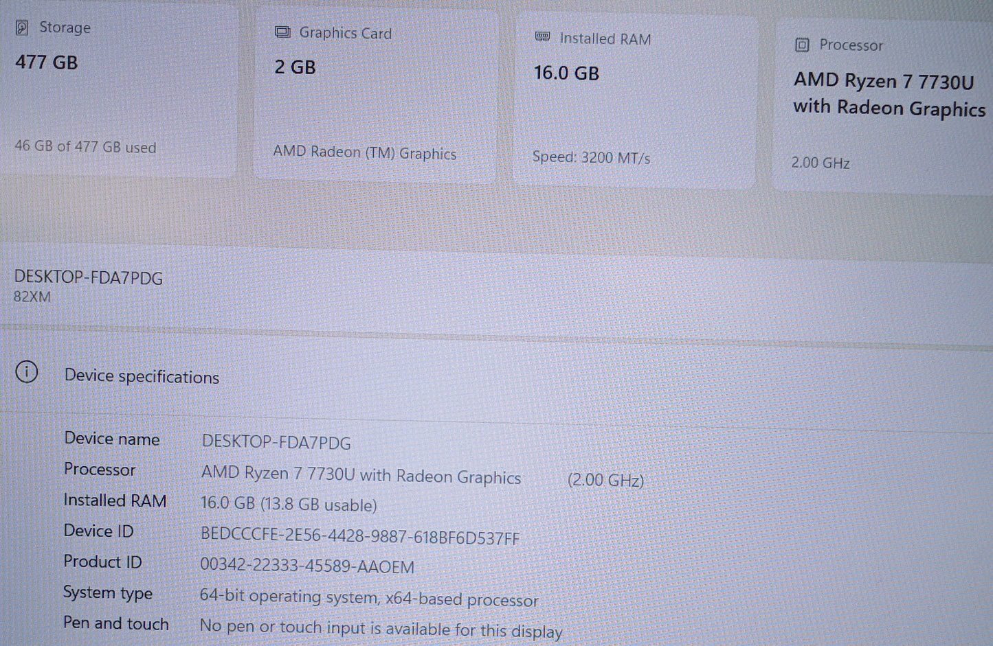 Lenovo Ideapad Slim 3 15ABR8  R7-7730U@2.0GHZ,16GB, 512GB