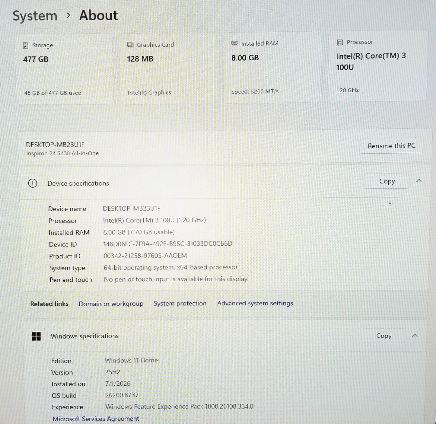 Dell Inspiron 24 5430 23.8 In I3-100U, 8GB Memory, 512GB SSD