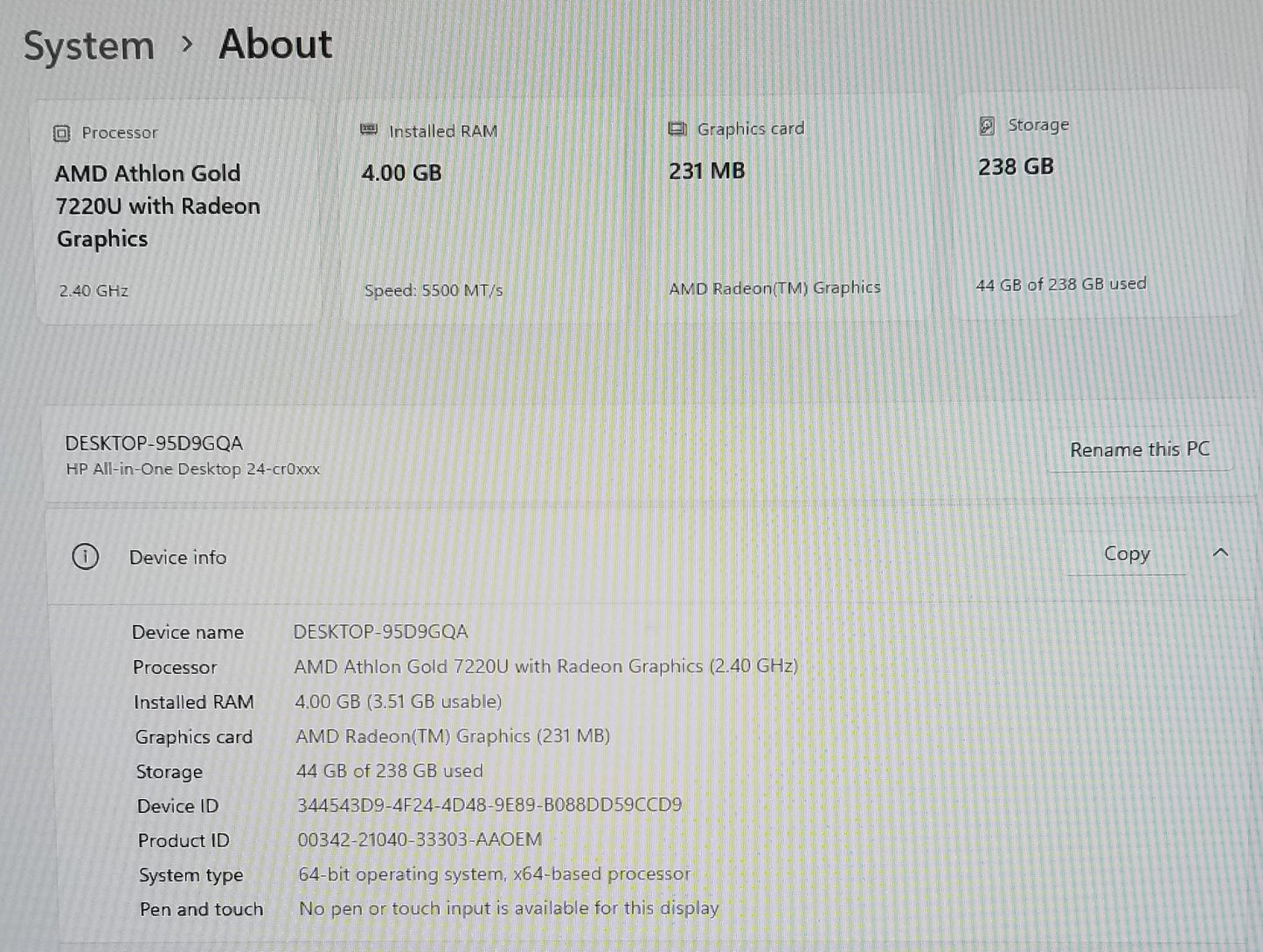 HP AIO 24-CR0046 All-in-One 23.8 In  Gold, 4GB RAM, 256GB SSD,