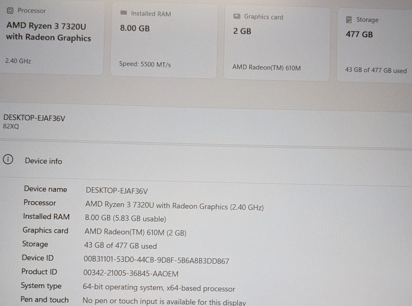 Lenovo Ideapad Slim 3 15AMN8 R3-7320U@2.4GHZ, 8GB, 512GB