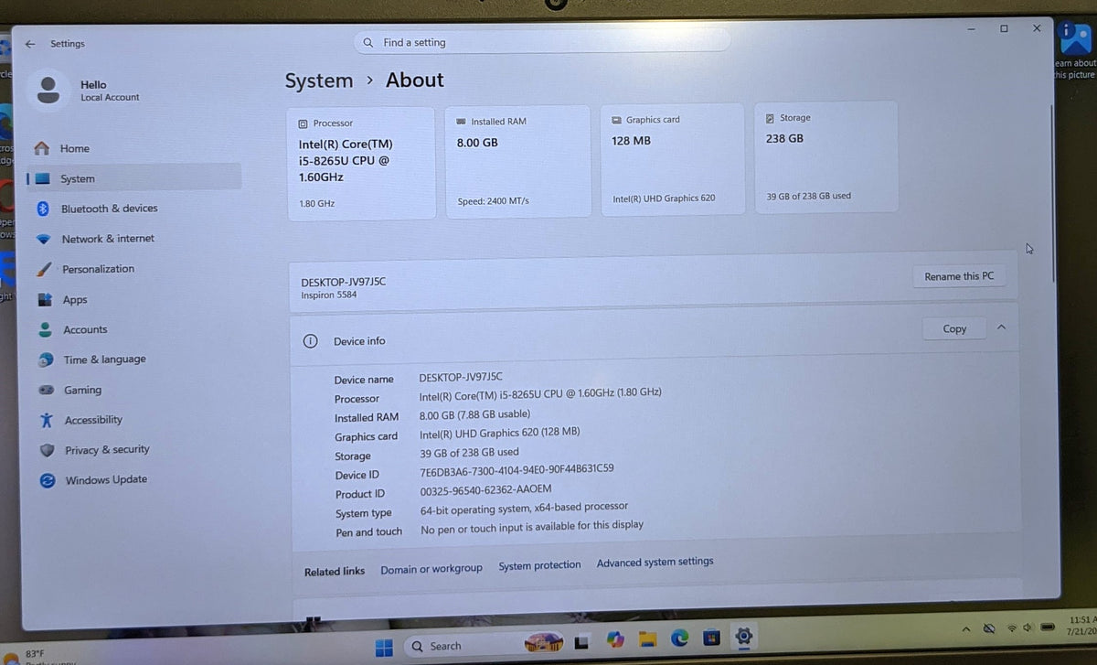 DELL INSPIRON 5584 LAPTOP 15.6in i5-8265U 8GB 256GB