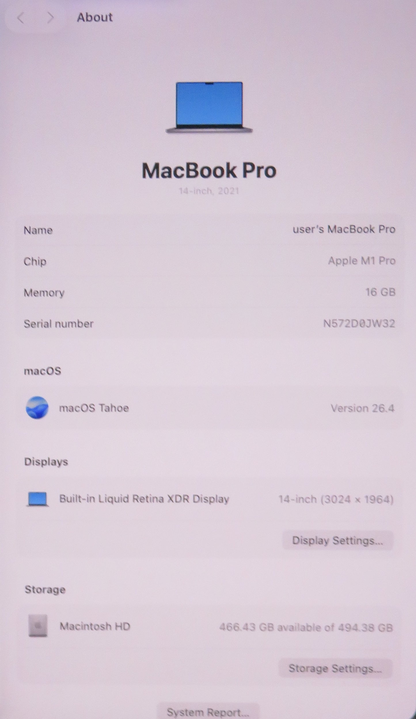 Apple Macbook Pro 2021 14in Retina XDR M1 Pro 16GB RAM 512GB SSD Tahoe A2442