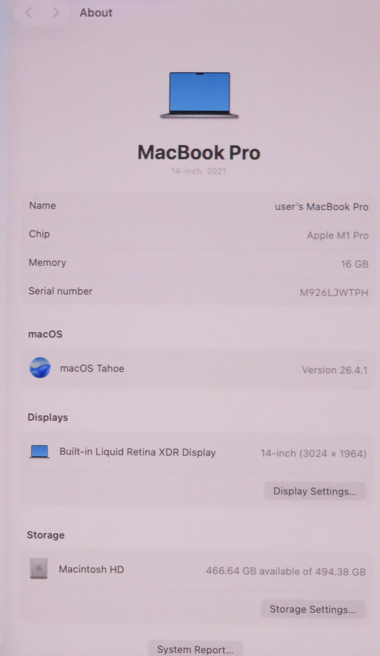 Apple Macbook Pro 2021 14in Retina XDR M1 Pro 16GB RAM 512GB SSD Tahoe A2442