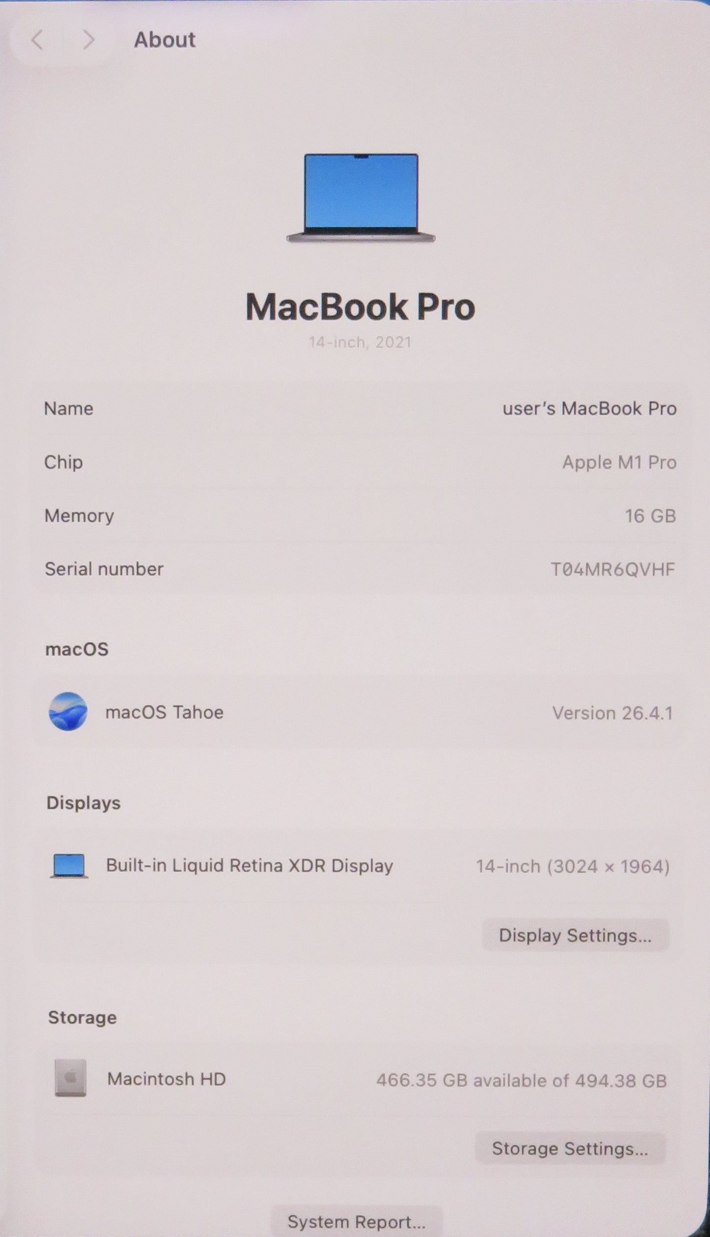 Apple Macbook Pro 2021 14in Retina XDR M1 Pro 16GB RAM 512GB SSD Tahoe A2442