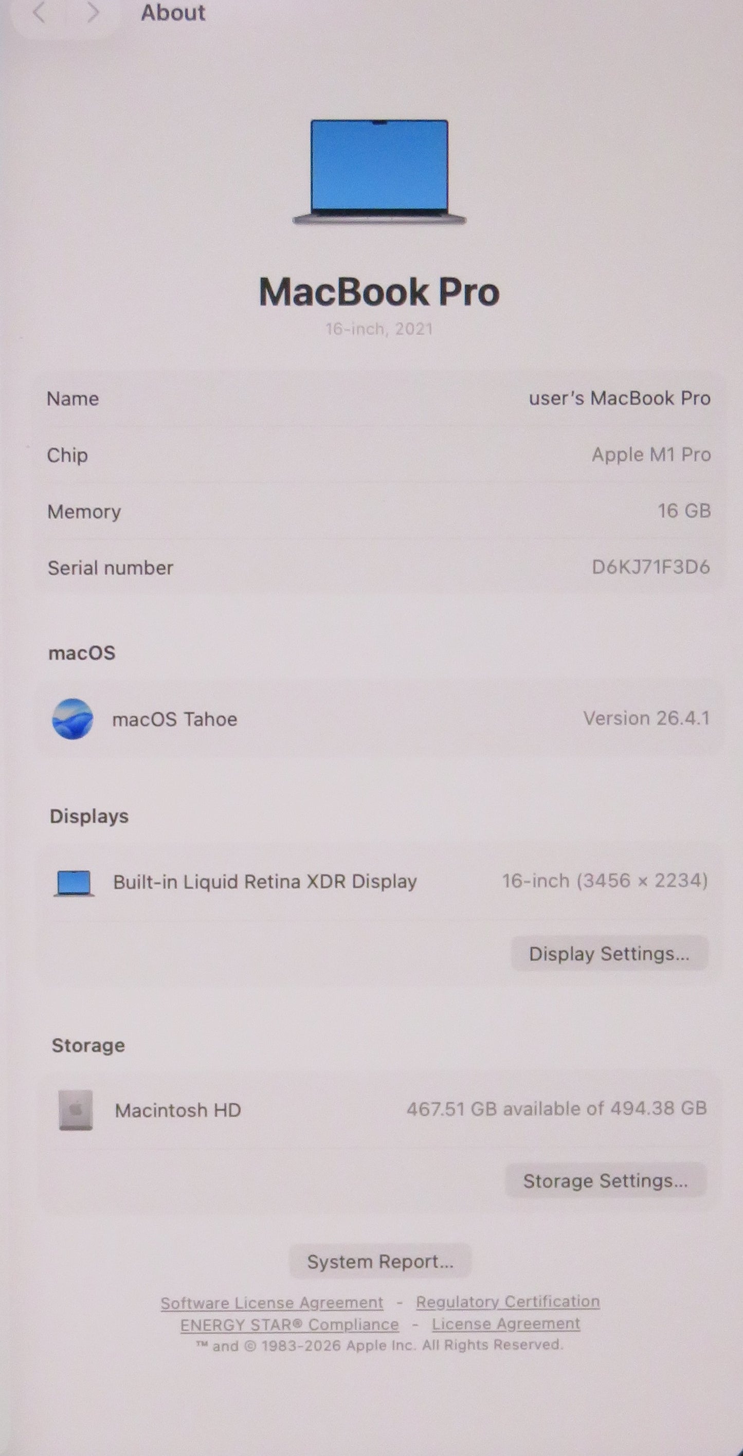 Apple Macbook Pro 2021 16in Retina XDR M1 Pro 16GB RAM 512GB macOS A2485