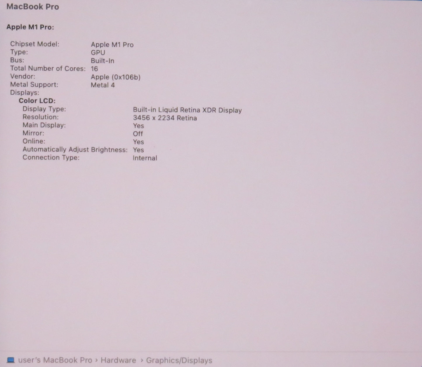 Apple Macbook Pro 2021 16in Retina XDR M1 Pro 16GB RAM 512GB macOS A2485