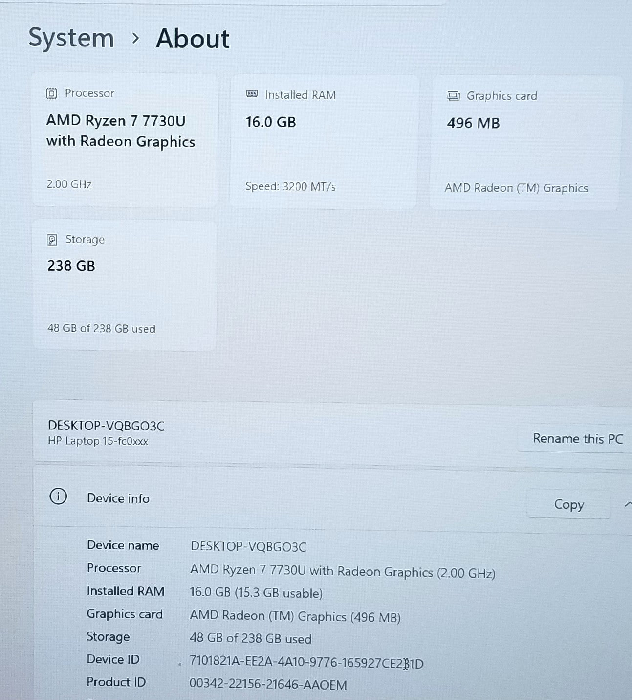 HP 15-FC0077OD 15.6 In R7-7730U, 16GB,256GB SSD