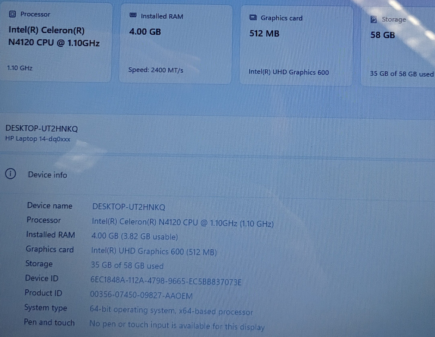 HP 14-DQ0010NR N-4120@2.1GHZ, 4GB, 64GB