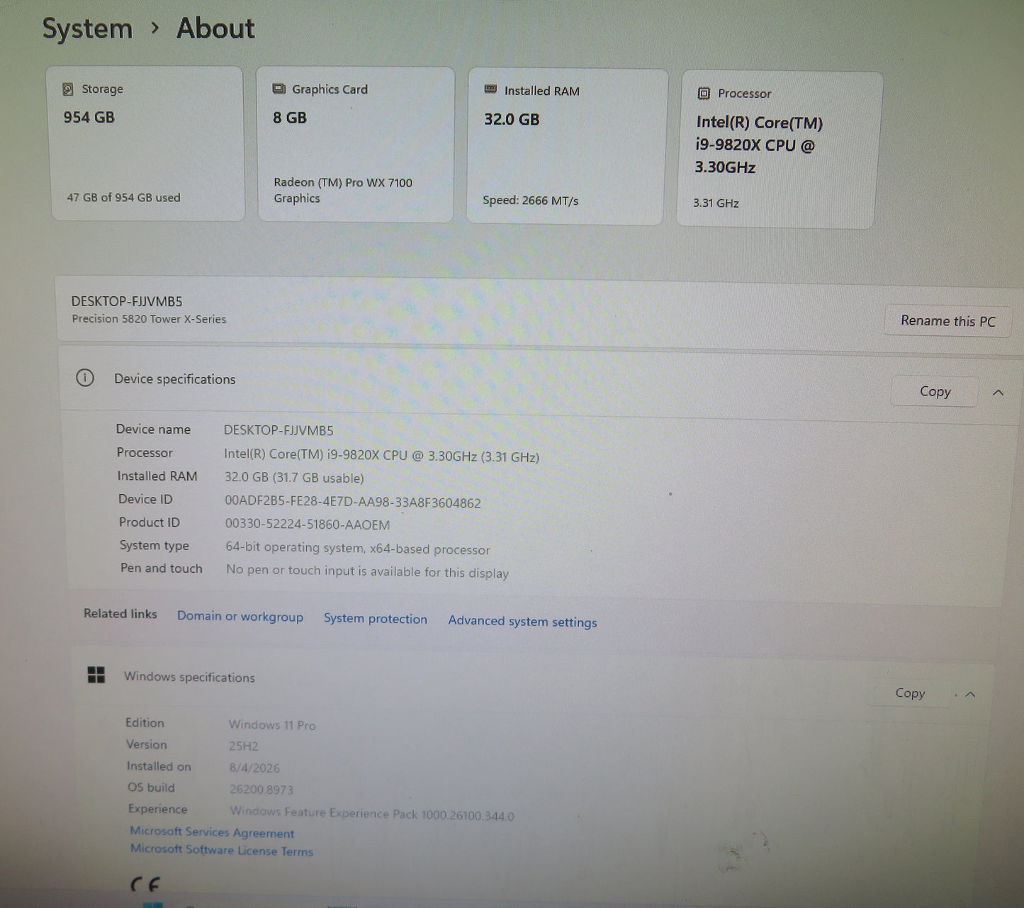 Dell Precision 5820 Tower i9 9820X 32GB RAM 1TB SSD Radeon WX 7100 Win11