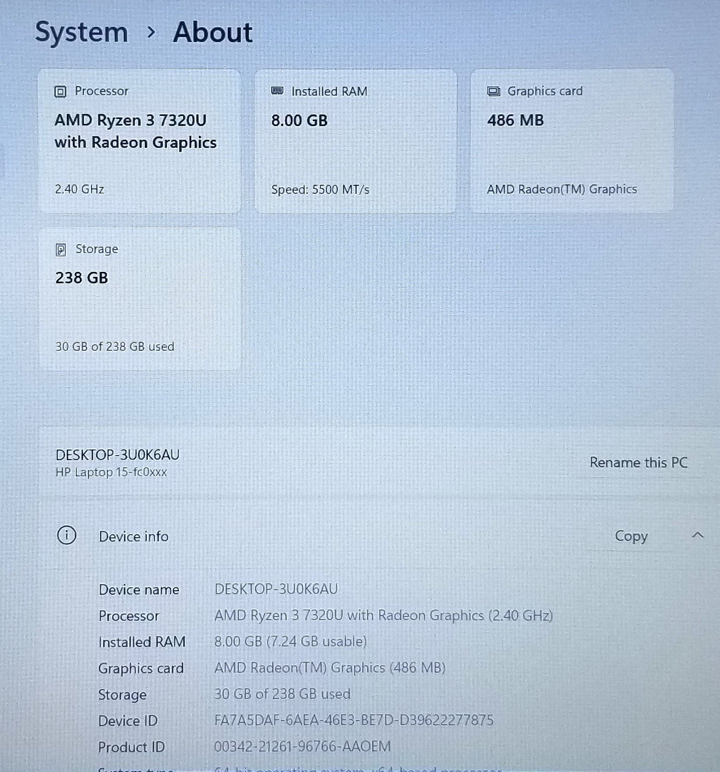 HP 15-FC0013OD R3-7320U,8GB RAM, 256GB SSD
