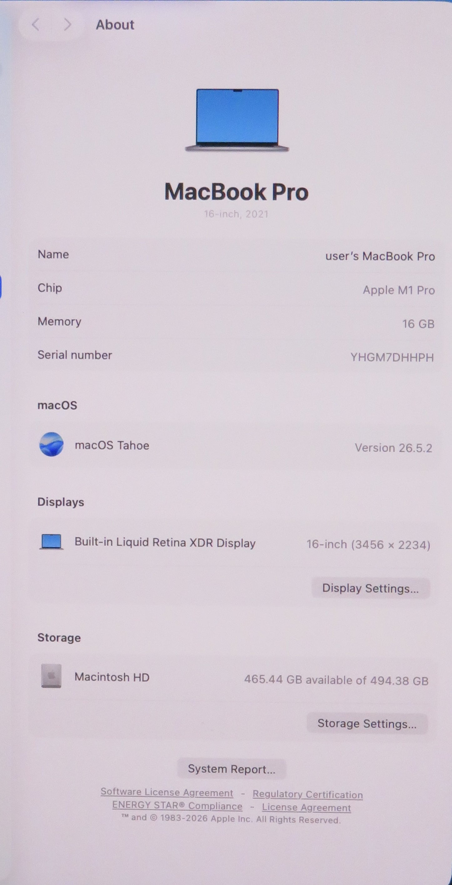Apple Macbook Pro 2021 16in Retina XDR M1 Pro 16GB RAM 512GB macOS A2485