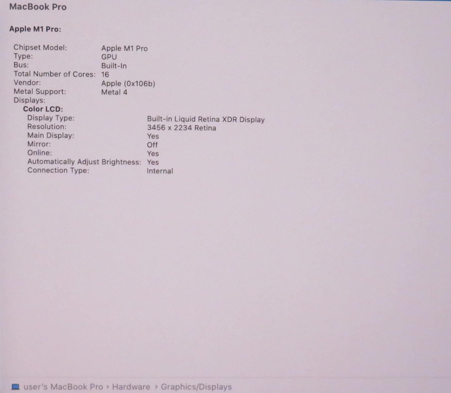 Apple Macbook Pro 2021 16in Retina XDR M1 Pro 16GB RAM 512GB macOS A2485