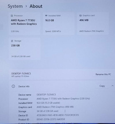 HP 15-FC0077OD 15.6 In R7-7730U, 16GB,256GB SSD