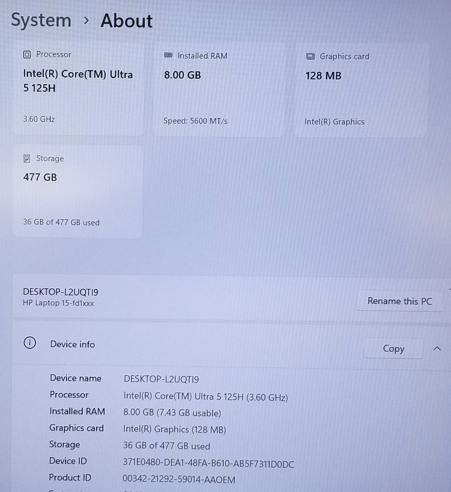 HP 15-FD1065OD 15.6in 5 125H, 8GB, 512 GB SSD