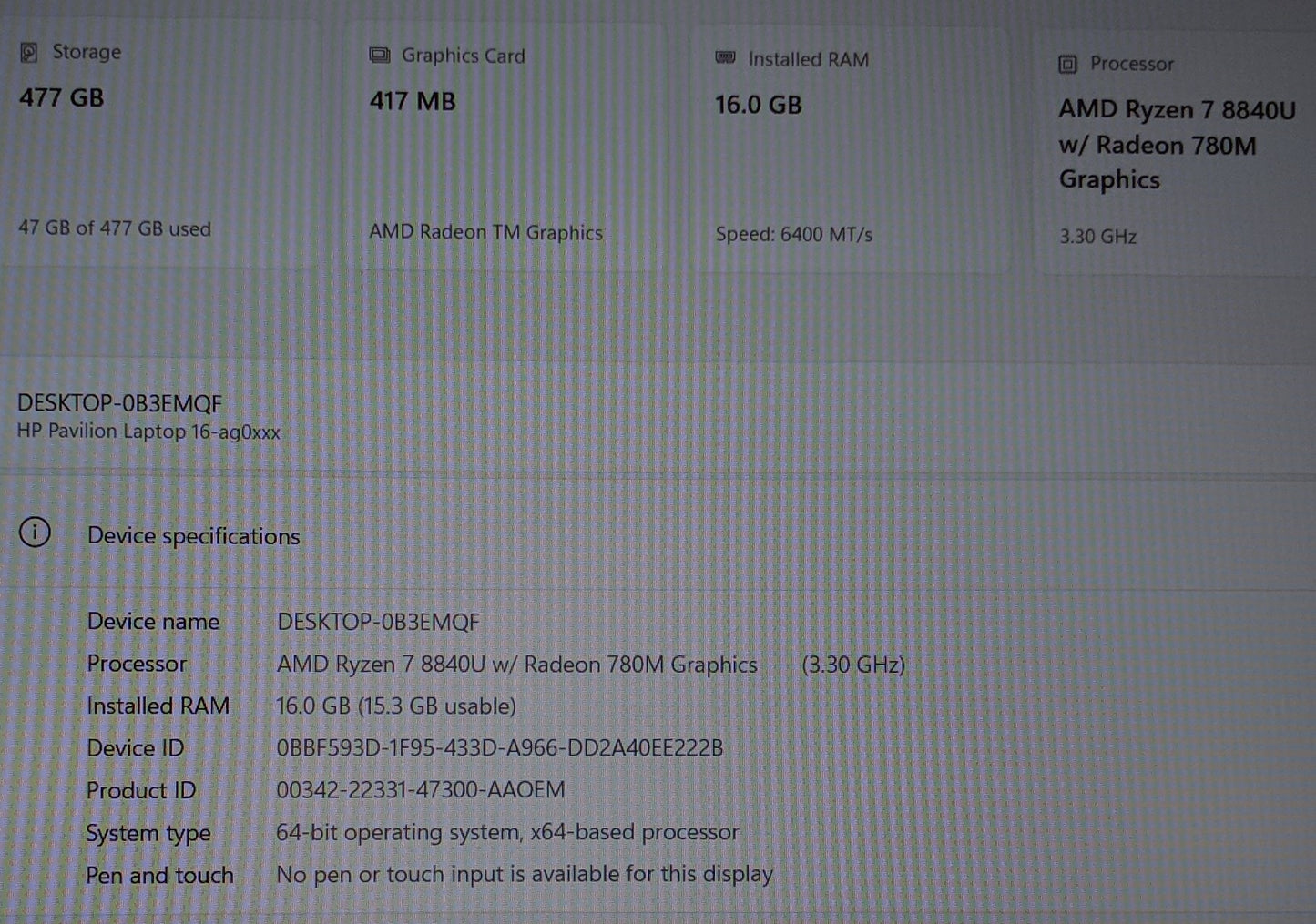 HP-16AG00170D PAVILION R7-8840U, 16GB, 512GB