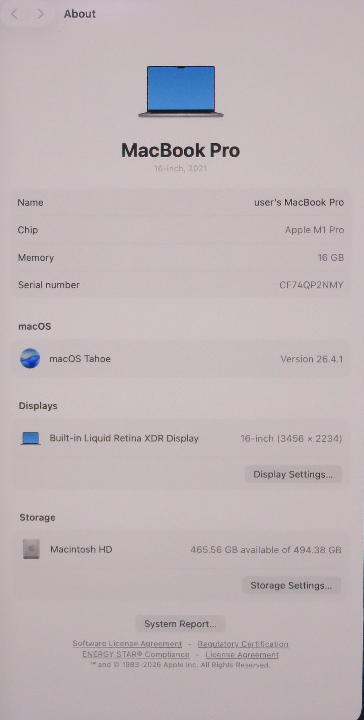 Apple Macbook Pro 2021 16in Retina XDR M1 Pro 16GB RAM 512GB macOS A2485
