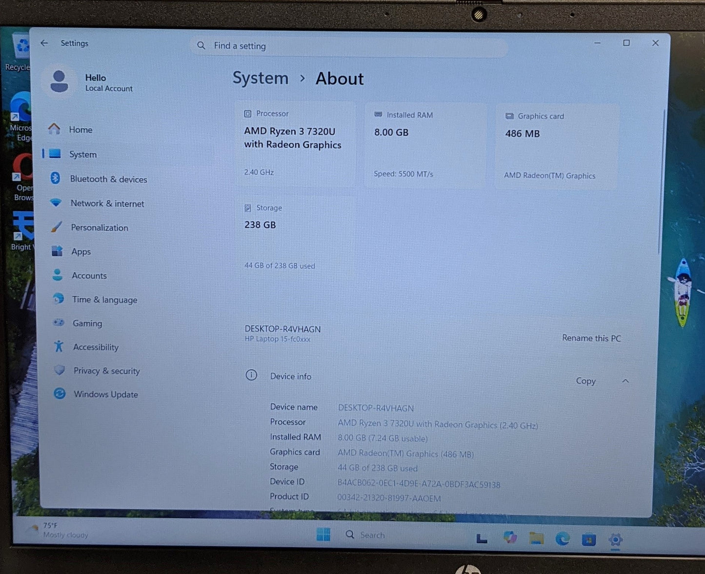 HP 15-FC0013OD LAPTOP 15.6in R3-7320U 8GB 256GB