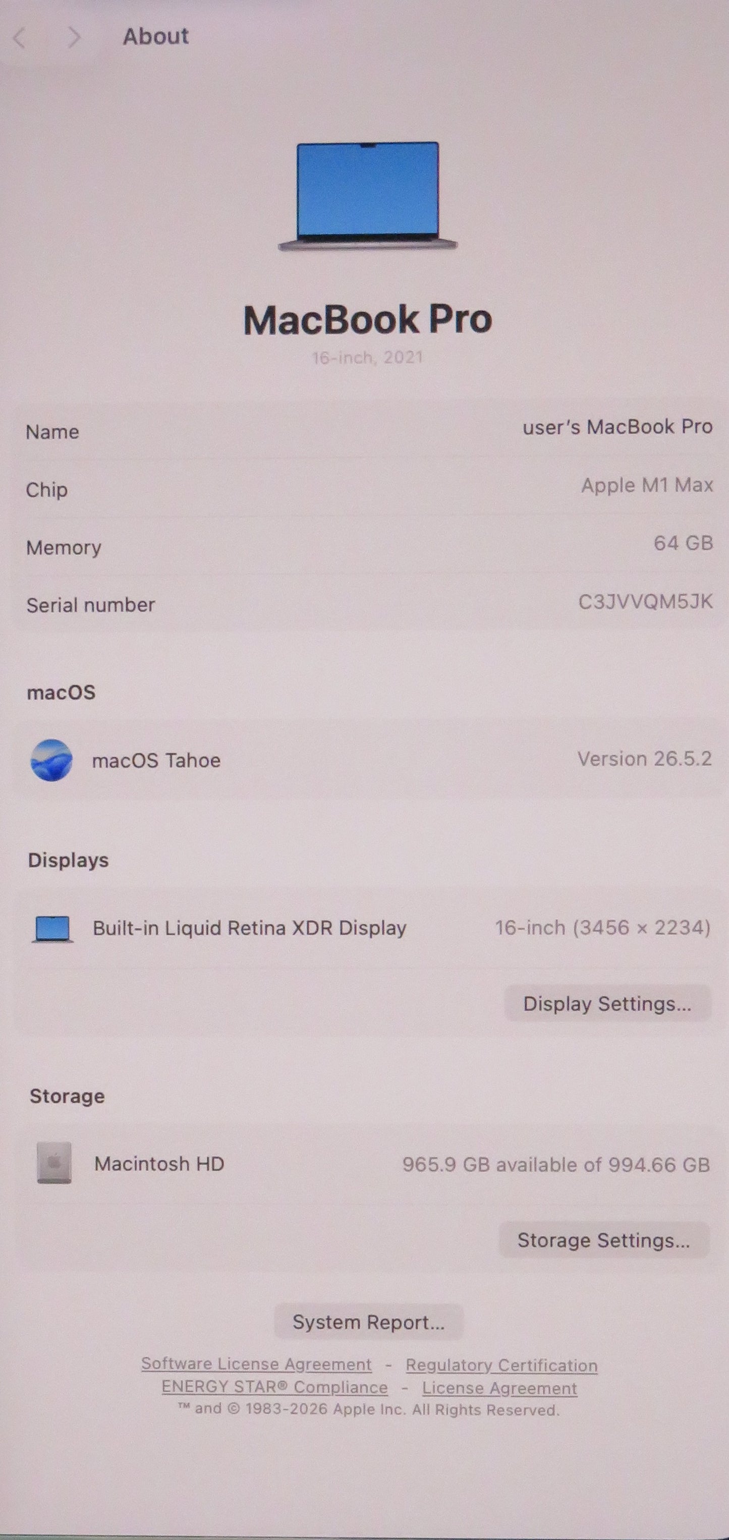 Apple Macbook Pro 2021 16in Retina XDR M1 Max 64GB RAM 1TB macOS A2485