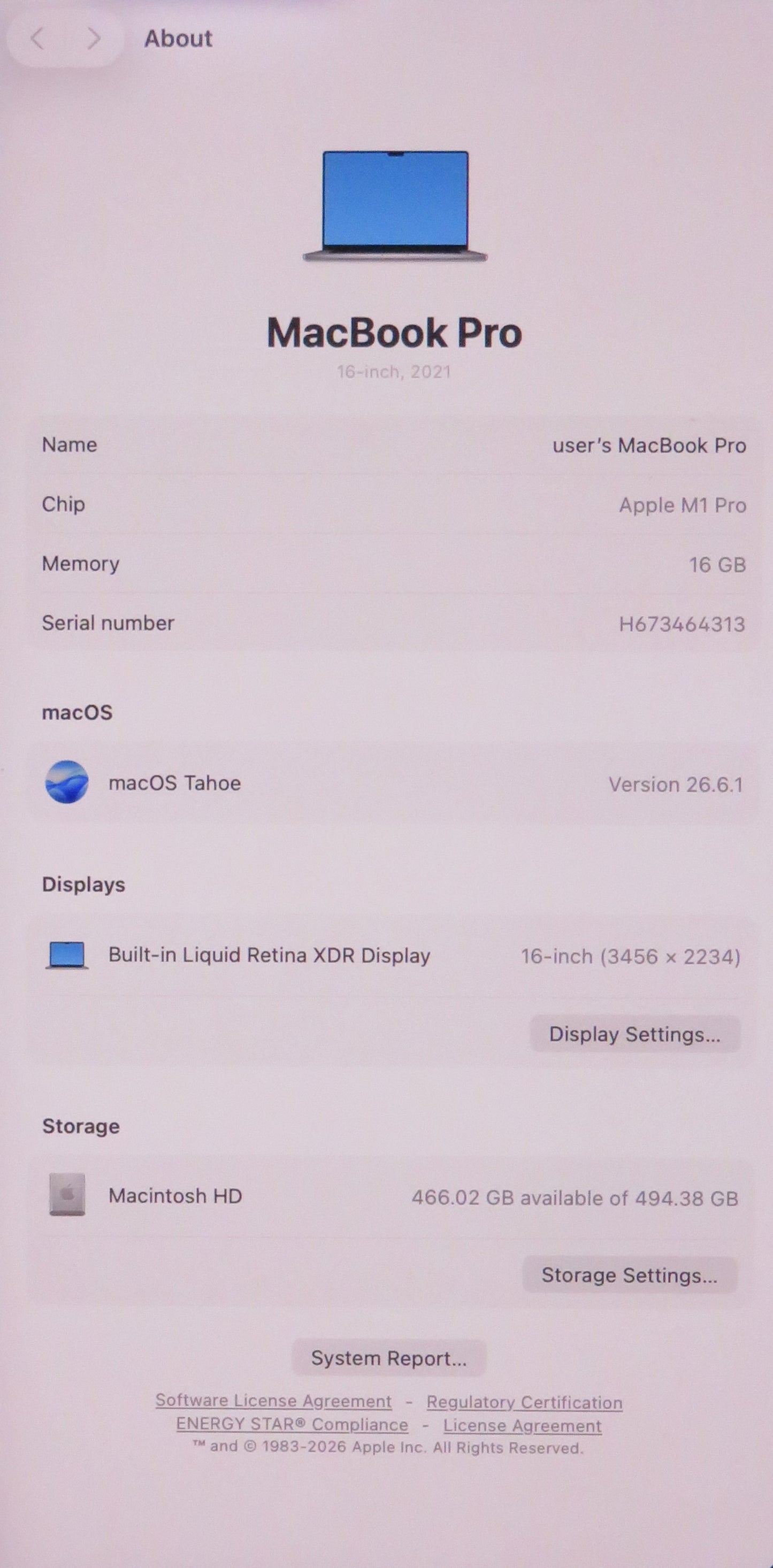 Apple Macbook Pro 2021 16in Retina XDR M1 Pro 16GB RAM 512GB macOS A2485