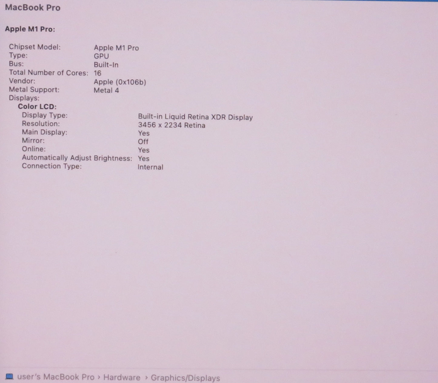 Apple Macbook Pro 2021 16in Retina XDR M1 Pro 16GB RAM 512GB macOS A2485