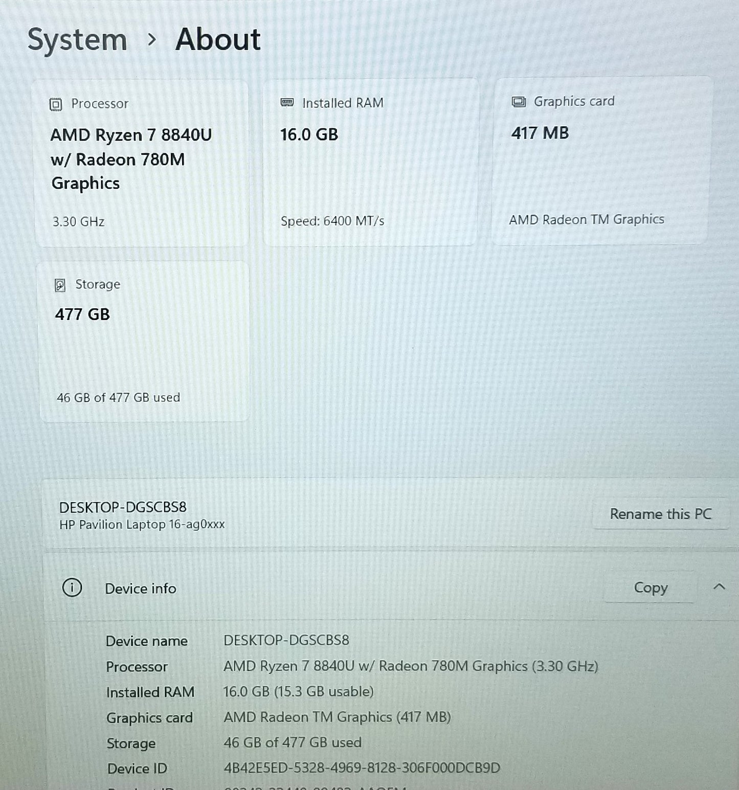 HP 16 In Pavilion 16-ag0071od, 16GB RAM, 512GB SSD