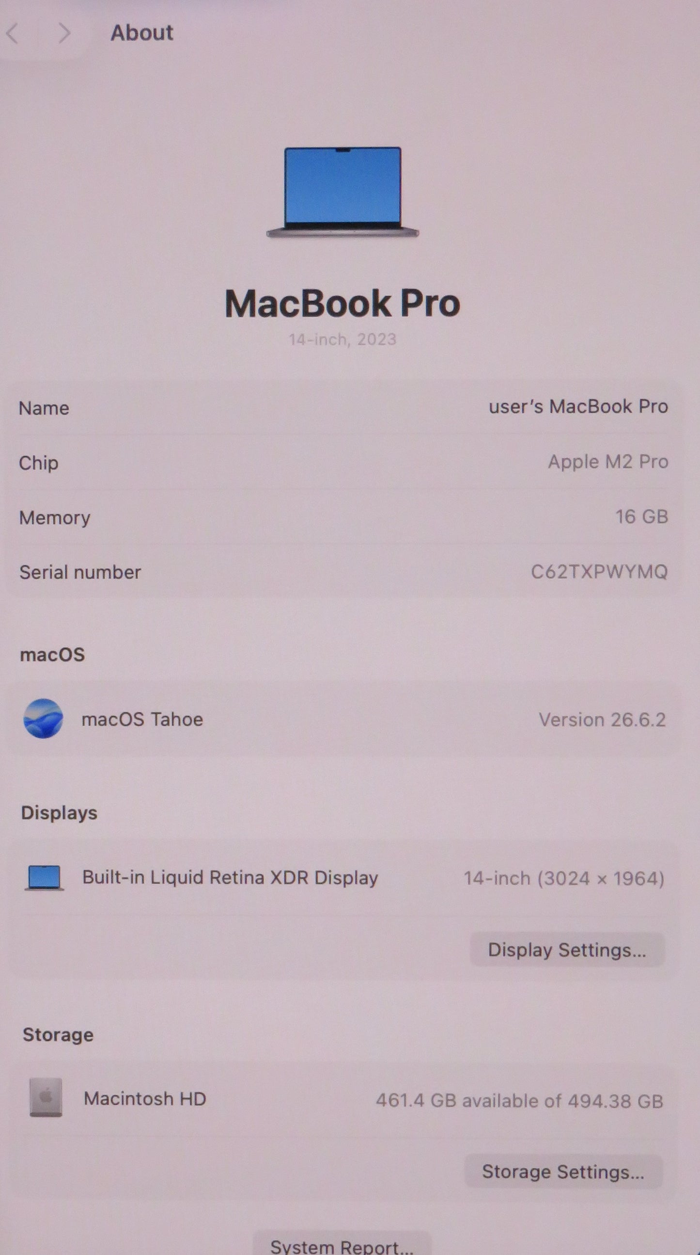 Apple Macbook Pro 2023 14in Retina M2 Pro 16GB RAM 512GB Tahoe A2779